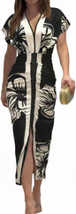 CHICME Summer Dresses for Women Floral Print Plunge V Neck Midi Dress Casual Ruched Slit Bodycon Party Dress