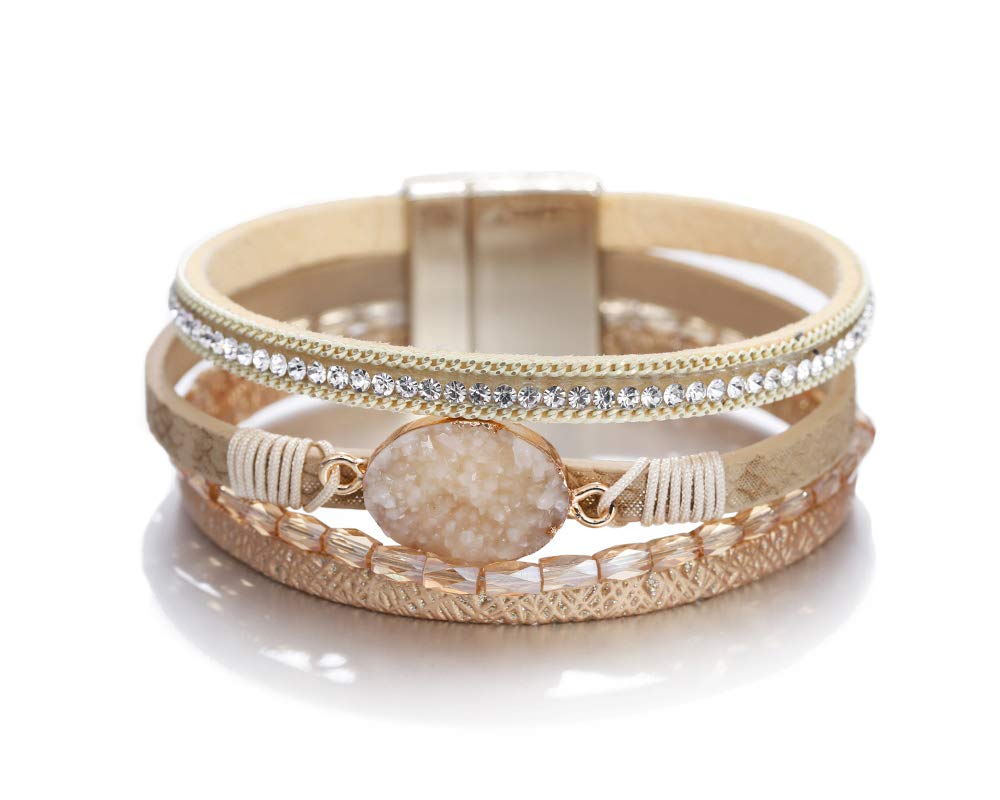 Fesciory Leopard Bracelet for Women, Boho Leather Wrap Multi-Layer Pearl Crystal Bracelet Bangle Jewelry