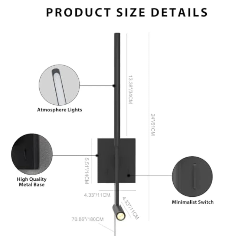 ZEROUNO Modern Plug in Wall Sconce Indoor Wall Light, Minimalist LED Line Wall Lamp with Switch, Adjustable Matte Wall lamp for