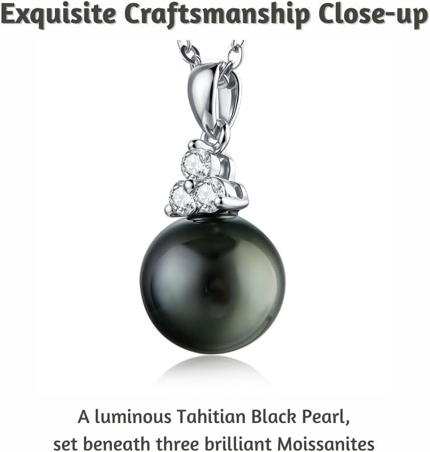 Lunar Belle Sterling Silver Black Pearl Pendant Necklace with Moissanite, Elegant Jewelry Birthday Gift for Women Girlfriend Wife Valentine's Day (Tide Star)