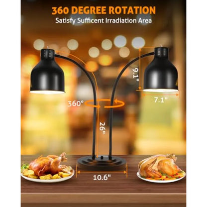 Commercial food warming lamp for restaurant kitchen and buffet use, dual-head 500W electric heating lamp, black and silver fini
