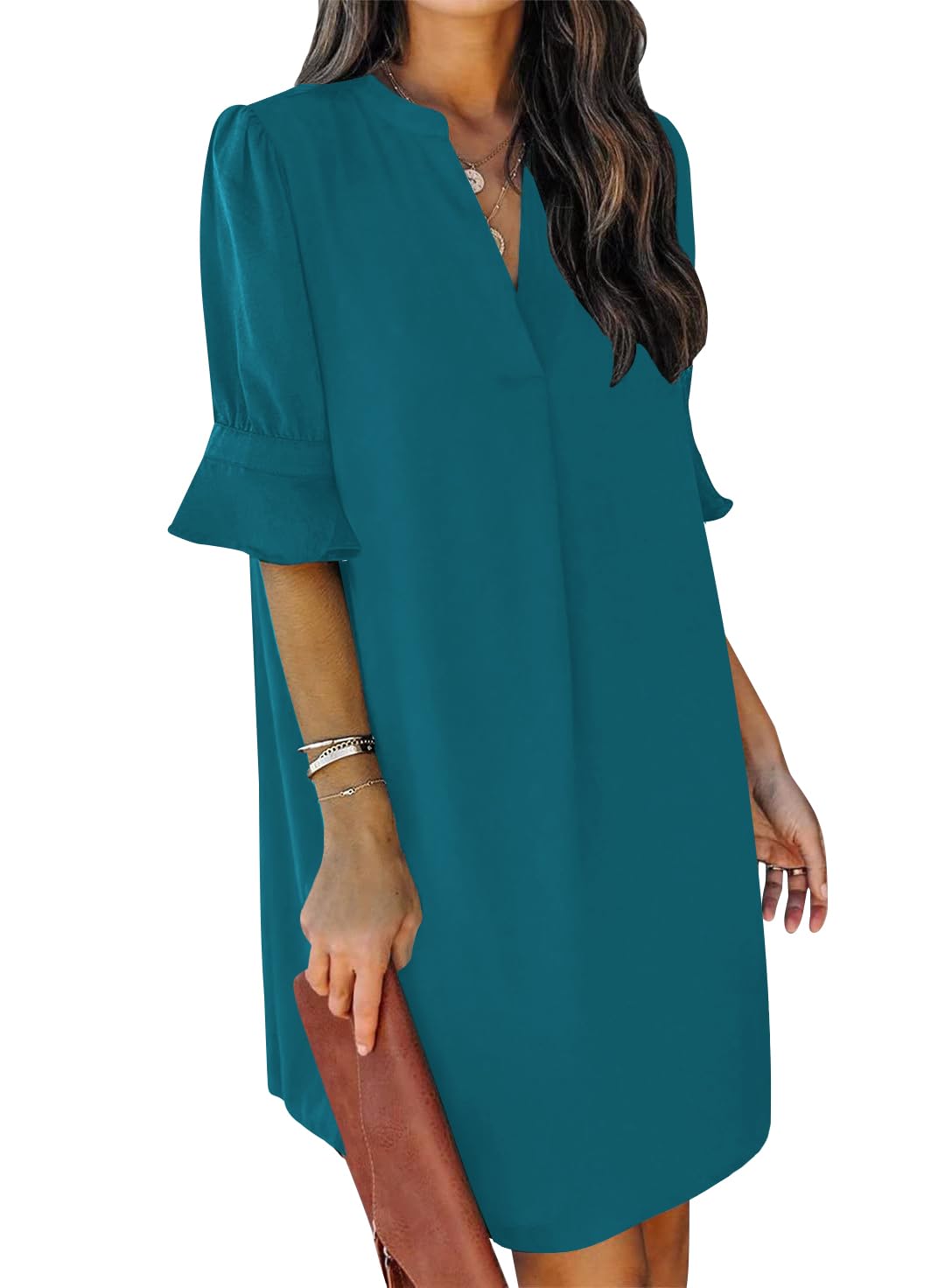 QACOHU Womens Summer Casual V Neck Shift Mini Dress | Flowy Swing Basic Loose Dresses, Ruffle Short Sleeve, Straight, Floral Boho Style, Wedding Guest Beach Vacation Outfits