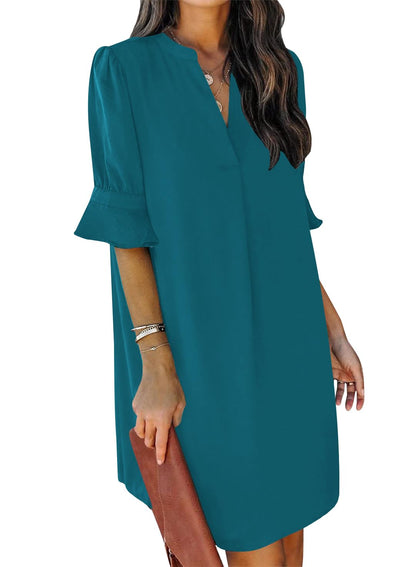 QACOHU Womens Summer Casual V Neck Shift Mini Dress | Flowy Swing Basic Loose Dresses, Ruffle Short Sleeve, Straight, Floral Boho Style, Wedding Guest Beach Vacation Outfits