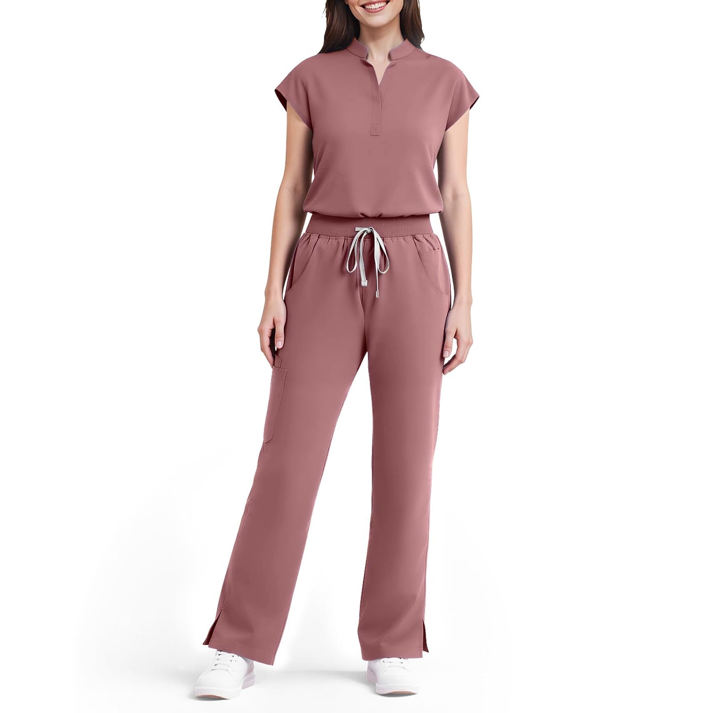 Scrubs for Women Set, Sleeveless 9-Pocket Straight Leg Yoga Waist | Stand-up collar top, straight leg pants side slits. Soft stretch knit. Yoga waist. Wrinkle-free. For nurses/docs/vets.