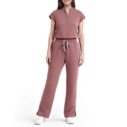 Scrubs for Women Set, Sleeveless 9-Pocket Straight Leg Yoga Waist | Stand-up collar top, straight leg pants side slits. Soft stretch knit. Yoga waist. Wrinkle-free. For nurses/docs/vets.