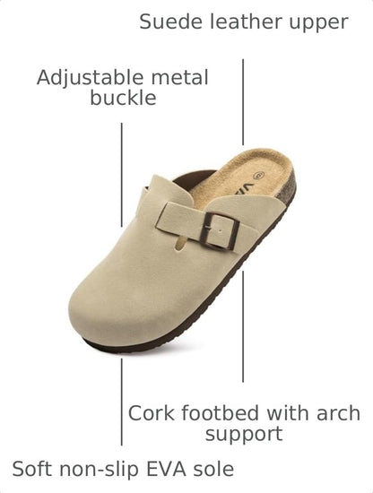 Women Suede Clogs Casual Slip On Potato Mule Slippers | Soft Suede Upper, Arch-Support Cork Insole, Adjustable Buckle, Anti-Slip Sole