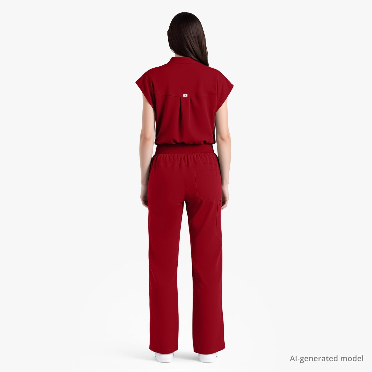 Scrubs for Women Set, Sleeveless 9-Pocket Straight Leg Yoga Waist | Stand-up collar top, straight leg pants side slits. Soft stretch knit. Yoga waist. Wrinkle-free. For nurses/docs/vets.