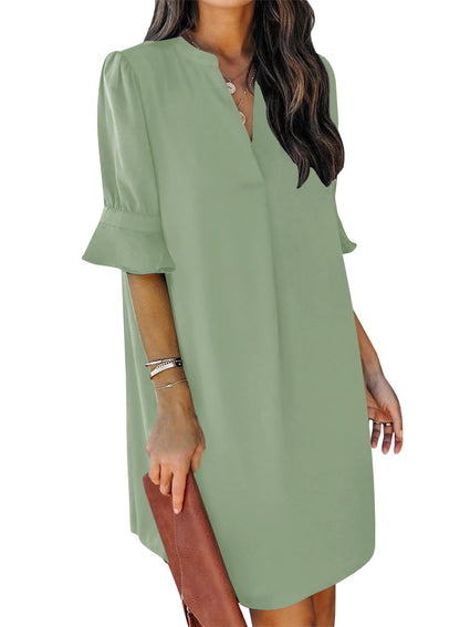 QACOHU Womens Summer Casual V Neck Shift Mini Dress | Flowy Swing Basic Loose Dresses, Ruffle Short Sleeve, Straight, Floral Boho Style, Wedding Guest Beach Vacation Outfits