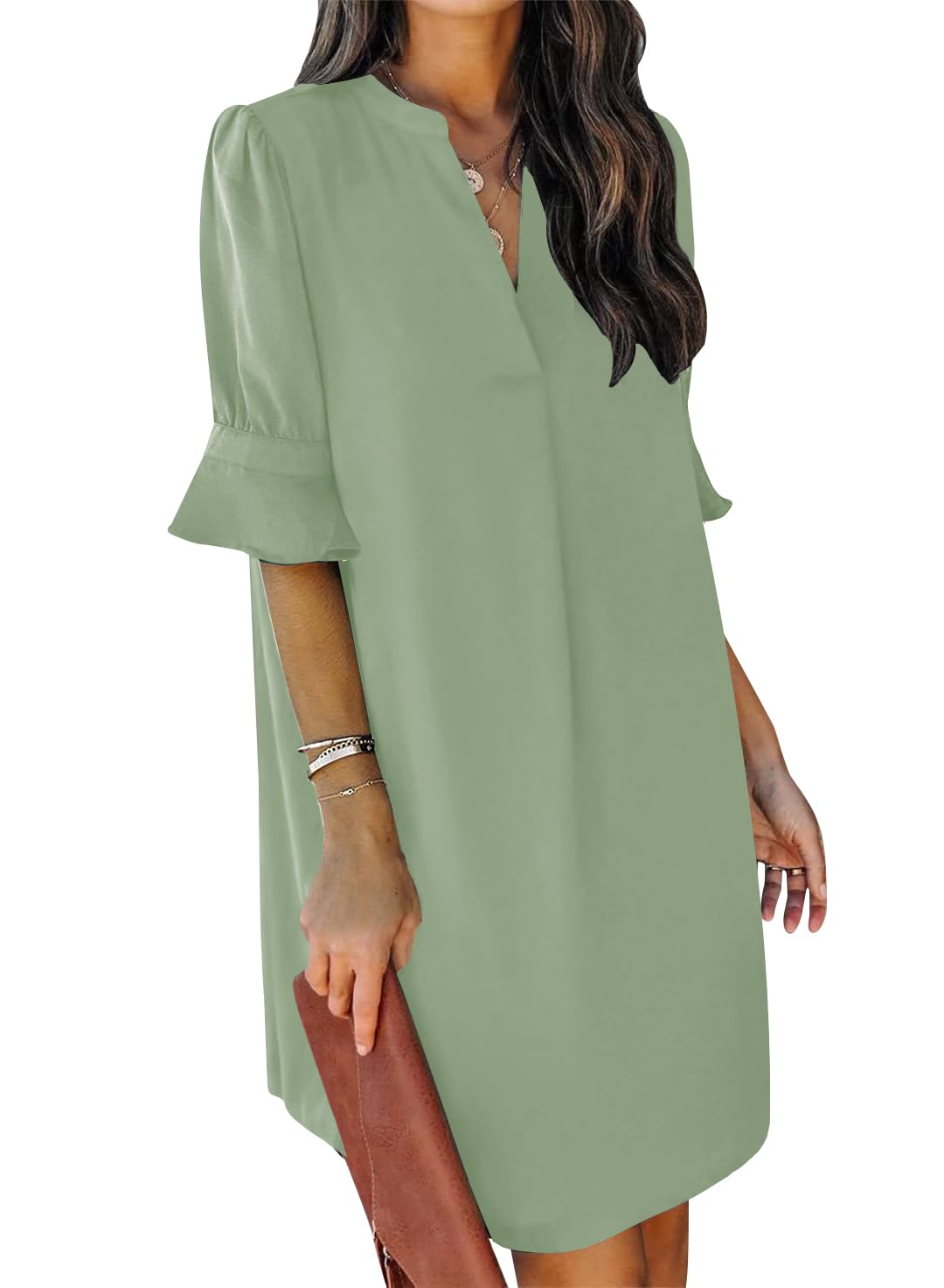QACOHU Womens Summer Casual V Neck Shift Mini Dress | Flowy Swing Basic Loose Dresses, Ruffle Short Sleeve, Straight, Floral Boho Style, Wedding Guest Beach Vacation Outfits