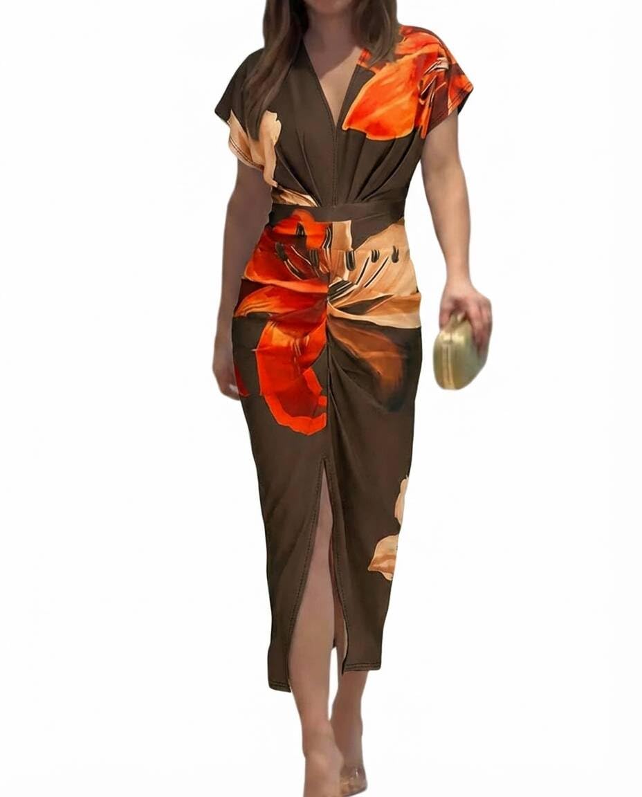 CHICME Summer Dresses for Women Floral Print Plunge V Neck Midi Dress Casual Ruched Slit Bodycon Party Dress