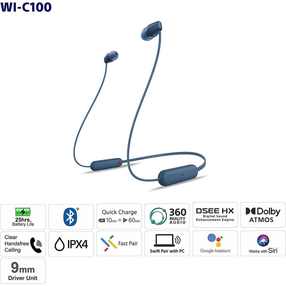 Sony WI-C100 Wireless in-Ear Bluetooth Headphones with Built-in Microphone, Black | Up to 25-Hr Battery, Sbc and Aac, Dsee, IPX4 Splash-Resistant, USB-C Charging, Built-in Mic, 20 G