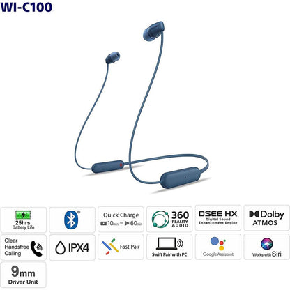 Sony WI-C100 Wireless in-Ear Bluetooth Headphones with Built-in Microphone, Black | Up to 25-Hr Battery, Sbc and Aac, Dsee, IPX4 Splash-Resistant, USB-C Charging, Built-in Mic, 20 G