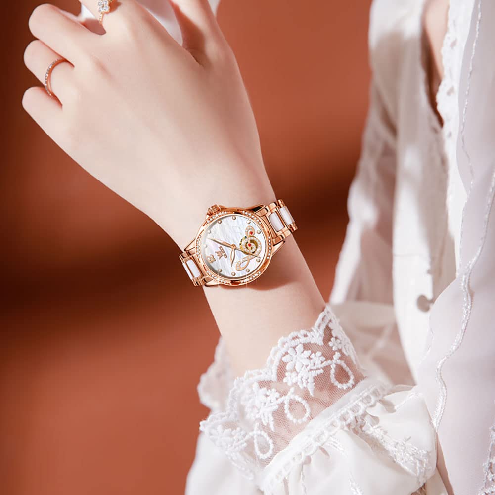 OLEVS Automatic Watches for Women Rose Gold Fashion Diamond Dress Ladies Wrist Watch Self Winding Mechanical Two Tone Ceramic Band Waterproof