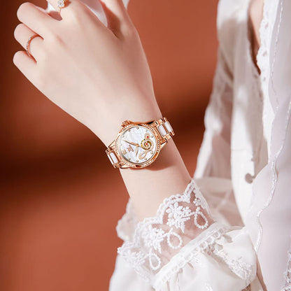 OLEVS Automatic Watches for Women Rose Gold Fashion Diamond Dress Ladies Wrist Watch Self Winding Mechanical Two Tone Ceramic Band Waterproof