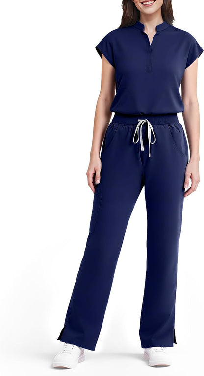 Scrubs for Women Set, Sleeveless 9-Pocket Straight Leg Yoga Waist | Stand-up collar top, straight leg pants side slits. Soft stretch knit. Yoga waist. Wrinkle-free. For nurses/docs/vets.