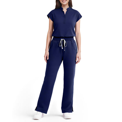 Scrubs for Women Set, Sleeveless 9-Pocket Straight Leg Yoga Waist | Stand-up collar top, straight leg pants side slits. Soft stretch knit. Yoga waist. Wrinkle-free. For nurses/docs/vets.