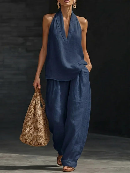 Womens Linen 2 Piece Sets 2026 Sleeveless V-Neck Halter Top Matching Baggy Wide Leg Pants Summer Lounge Set Vacation Outfits