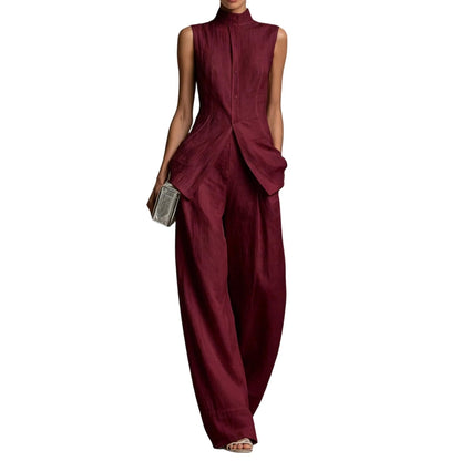 Linen Lounge sets for women, Stand Collar Sleeveless Top and Baggy Wide Leg Pants, Casual Business 2 Piece Set
