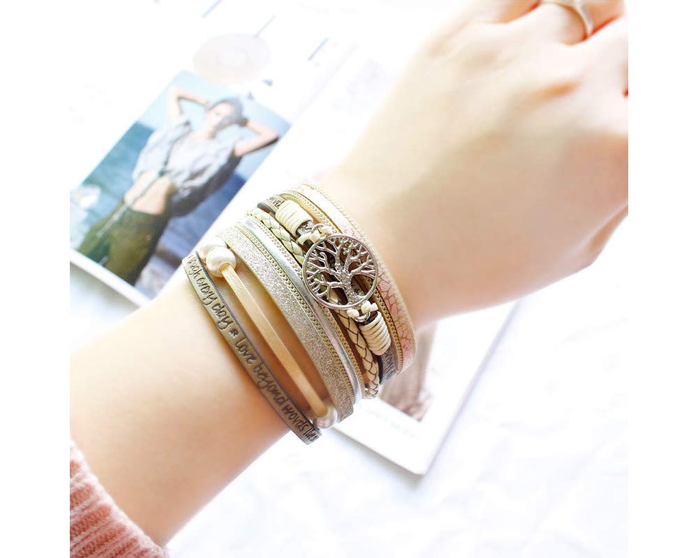 Fesciory Leopard Bracelet for Women, Boho Leather Wrap Multi-Layer Pearl Crystal Bracelet Bangle Jewelry