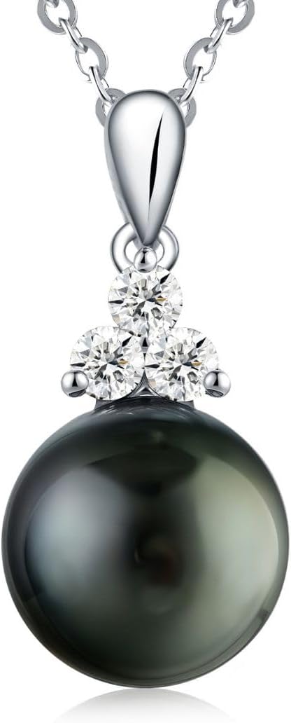 Lunar Belle Sterling Silver Black Pearl Pendant Necklace with Moissanite, Elegant Jewelry Birthday Gift for Women Girlfriend Wife Valentine's Day (Tide Star)
