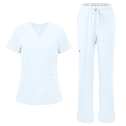 floralhue Scrubs for Women, V-Neck Straight Leg Pants with 12 Pockets | Slit Hem Cargo Pant Storage, Yoga Waistband, Water Resistance, For Nurses, Clinics, Long Shifts, Daily Medical Uniforms
