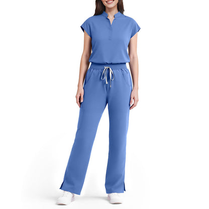 Scrubs for Women Set, Sleeveless 9-Pocket Straight Leg Yoga Waist | Stand-up collar top, straight leg pants side slits. Soft stretch knit. Yoga waist. Wrinkle-free. For nurses/docs/vets.