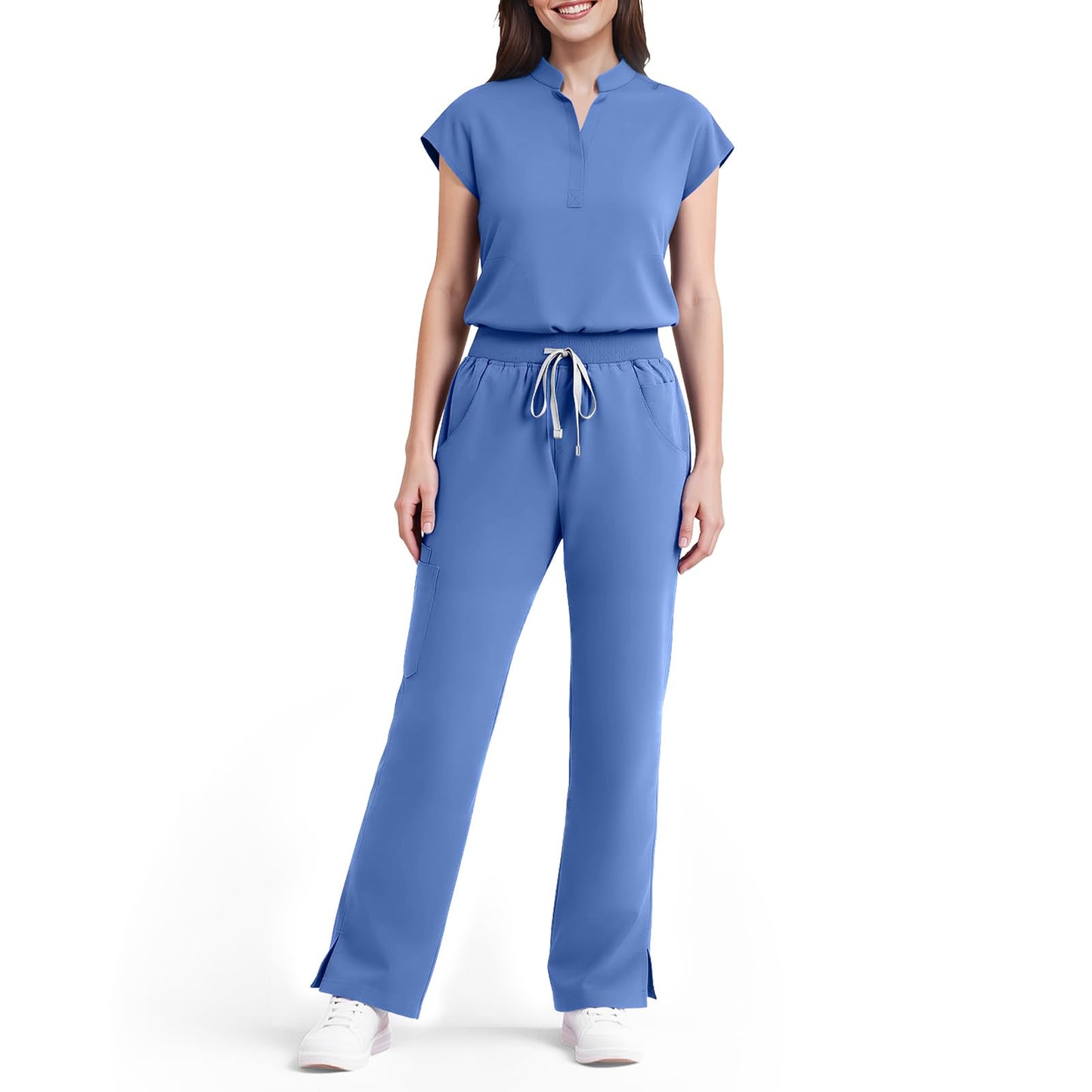 Scrubs for Women Set, Sleeveless 9-Pocket Straight Leg Yoga Waist | Stand-up collar top, straight leg pants side slits. Soft stretch knit. Yoga waist. Wrinkle-free. For nurses/docs/vets.