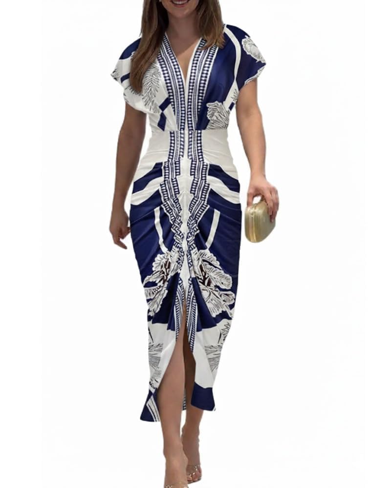 CHICME Summer Dresses for Women Floral Print Plunge V Neck Midi Dress Casual Ruched Slit Bodycon Party Dress