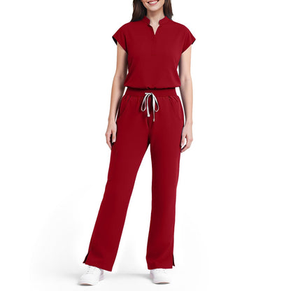 Scrubs for Women Set, Sleeveless 9-Pocket Straight Leg Yoga Waist | Stand-up collar top, straight leg pants side slits. Soft stretch knit. Yoga waist. Wrinkle-free. For nurses/docs/vets.