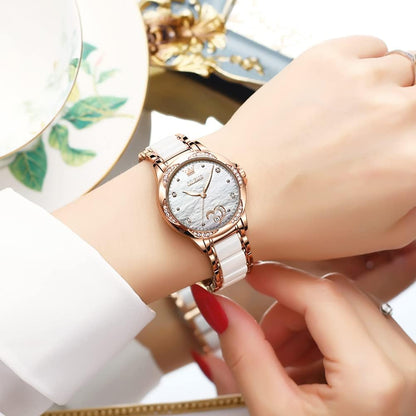 OLEVS Automatic Watches for Women Rose Gold Fashion Diamond Dress Ladies Wrist Watch Self Winding Mechanical Two Tone Ceramic Band Waterproof