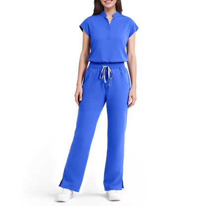 Scrubs for Women Set, Sleeveless 9-Pocket Straight Leg Yoga Waist | Stand-up collar top, straight leg pants side slits. Soft stretch knit. Yoga waist. Wrinkle-free. For nurses/docs/vets.