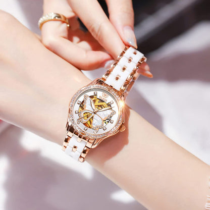 OLEVS Automatic Watches for Women Rose Gold Fashion Diamond Dress Ladies Wrist Watch Self Winding Mechanical Two Tone Ceramic Band Waterproof