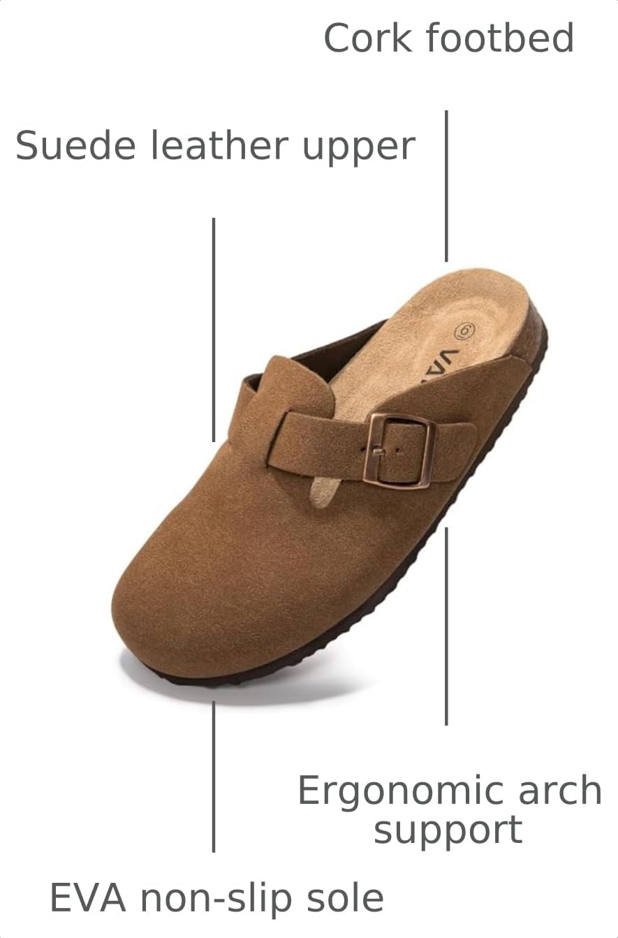 Women Suede Clogs Casual Slip On Potato Mule Slippers | Soft Suede Upper, Arch-Support Cork Insole, Adjustable Buckle, Anti-Slip Sole