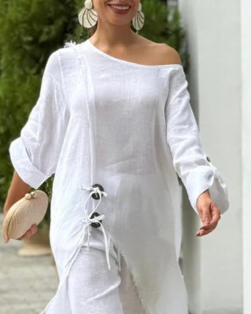 CHICME Women's Linen 2 Piece Vacation Set Cold Shoulder Wide Leg Pants | Lightweight Linen-Blend Fabric. Cold Shoulder Design. Perfect for Vacations, Travel, and Everyday Wear.
