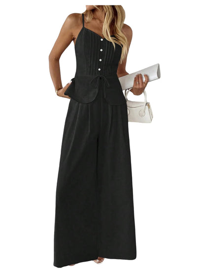 SOLY HUX Women's 2 Piece Summer Outfit Button Down Peplum Cami Top and Wide Leg Pants Set