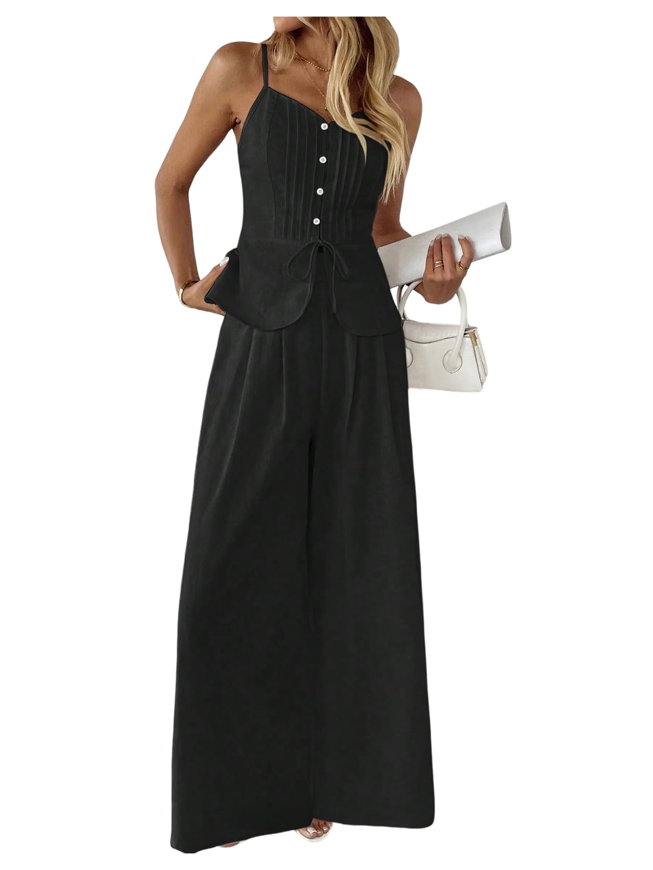 SOLY HUX Women's 2 Piece Summer Outfit Button Down Peplum Cami Top and Wide Leg Pants Set