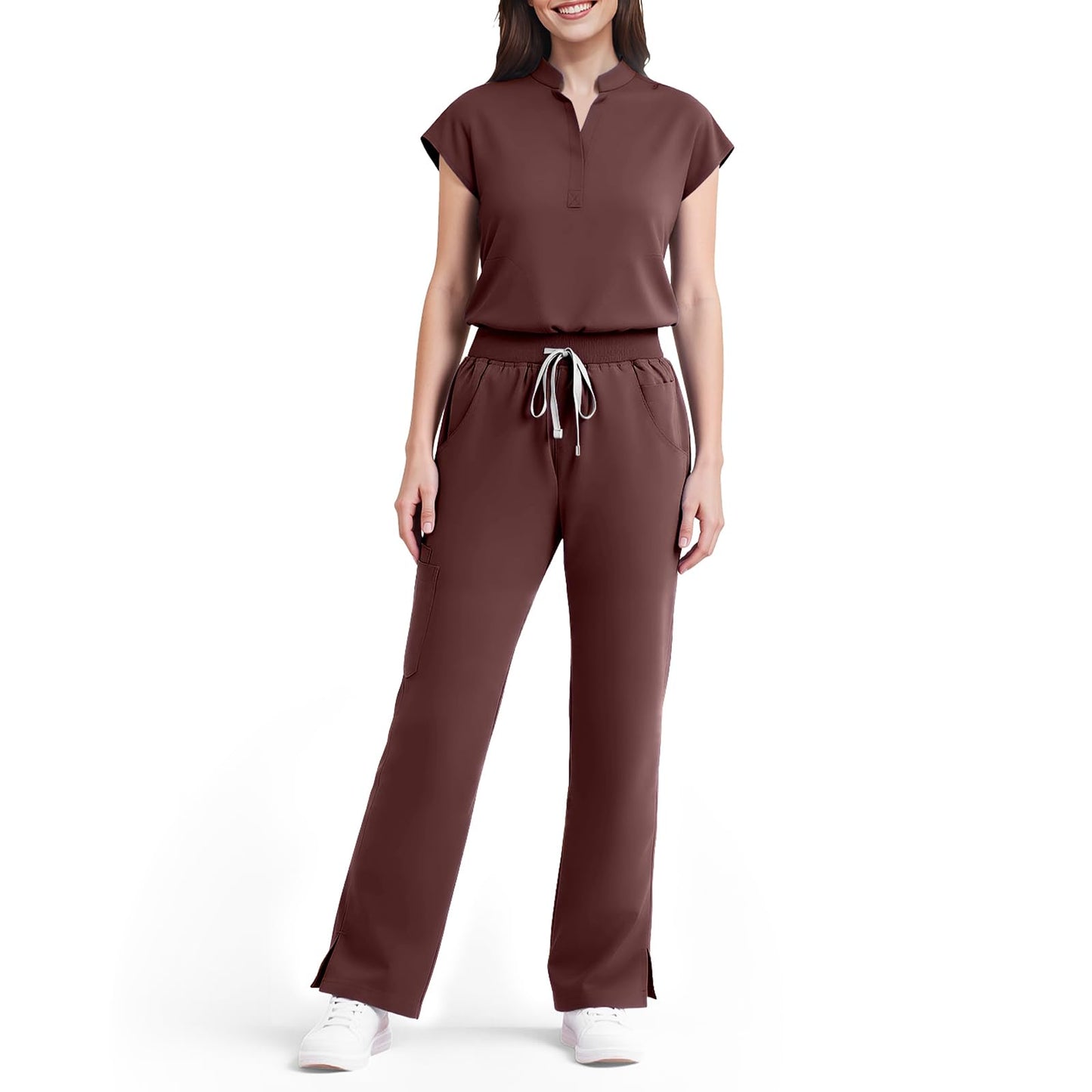 Scrubs for Women Set, Sleeveless 9-Pocket Straight Leg Yoga Waist | Stand-up collar top, straight leg pants side slits. Soft stretch knit. Yoga waist. Wrinkle-free. For nurses/docs/vets.
