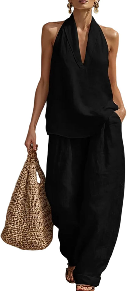 Womens Linen 2 Piece Sets Sleeveless V Neck Halter Top Wide Leg Pants Summer Matching Lounge Set Casual Outfits Black