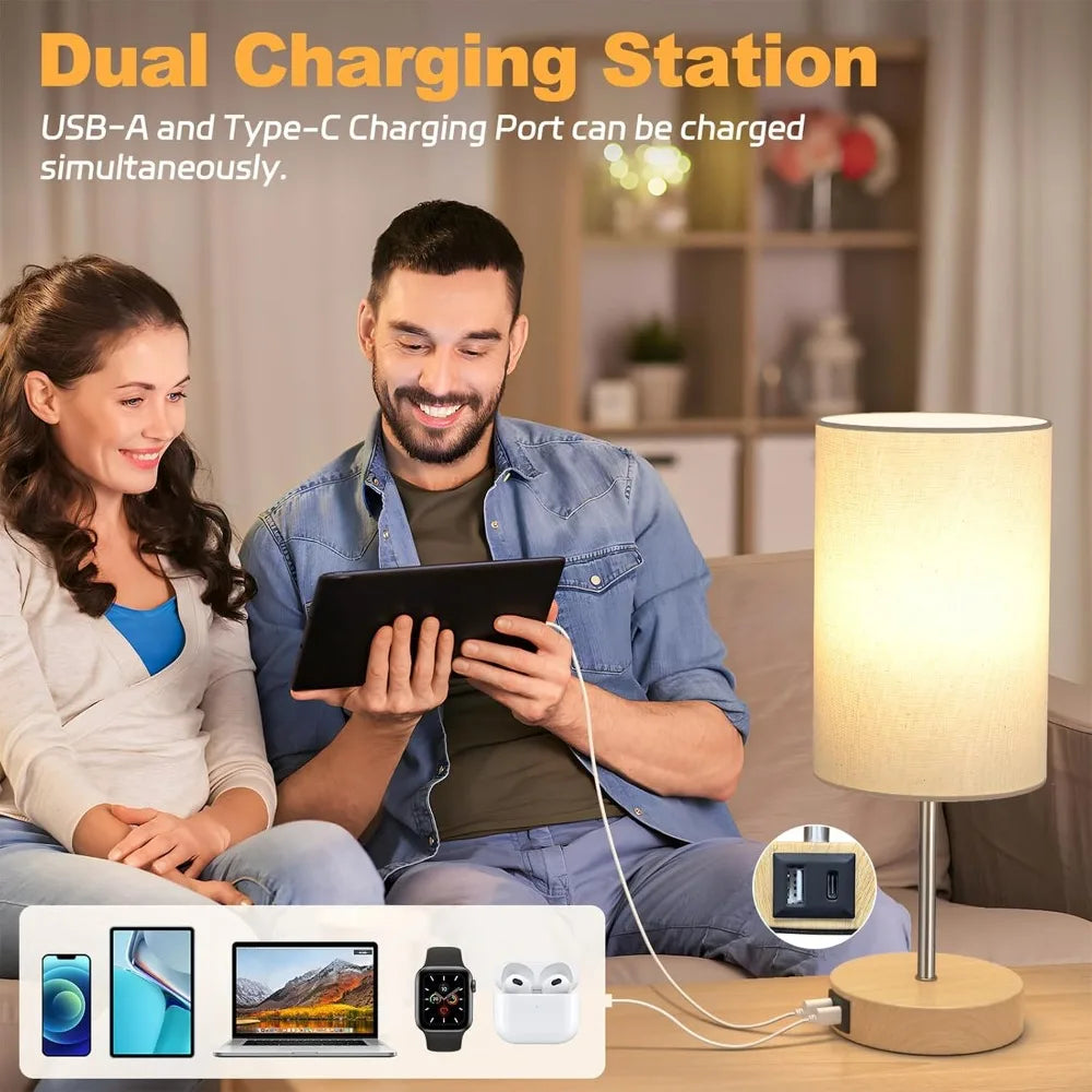 3 Way Dimmable Touch Table Lamp with Dual Charging Station, Small Bedside Lamp for Night Stands, Living Room, Office (LED Bulb Included)