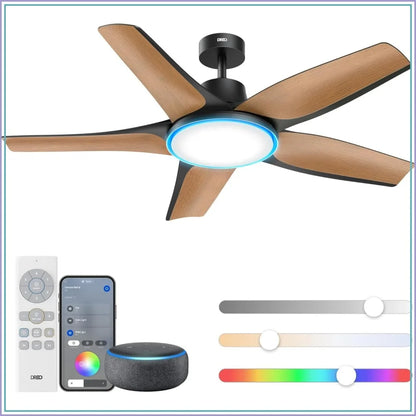Smart Ceiling Fan with Lights, 52" Dimmable RGB Ambient Light, Alexa/App Control, Quiet, Easy Install for Living Room, Game Room