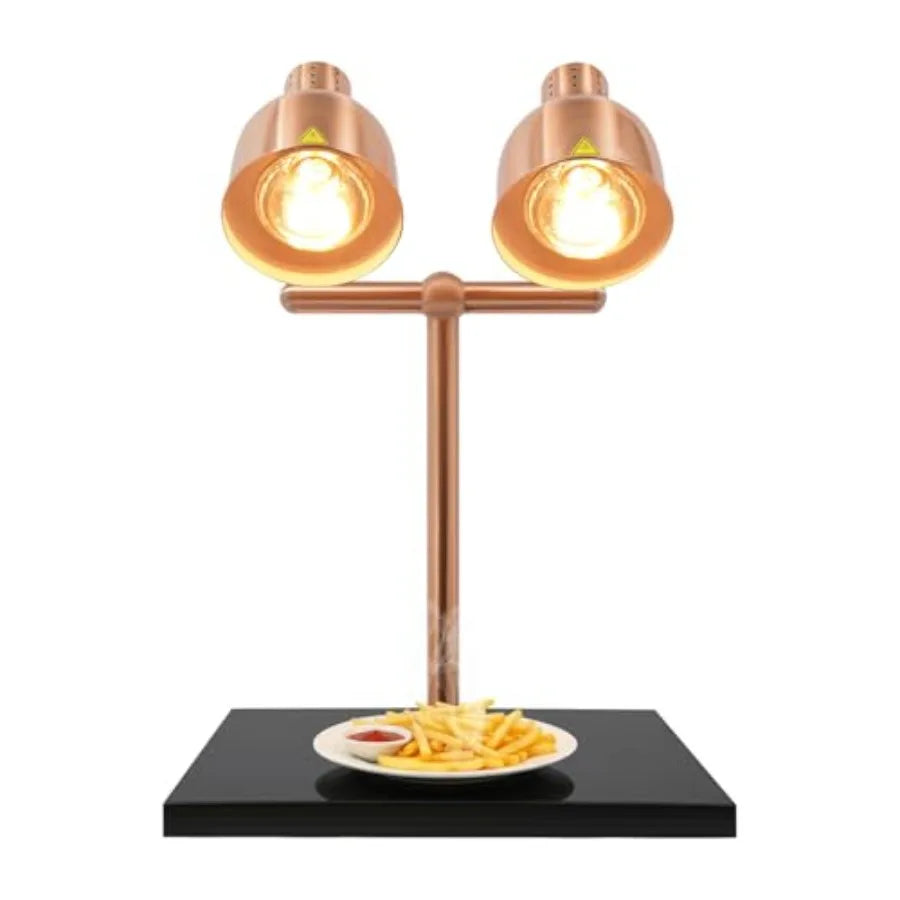 Commercial kitchen food warming lamp with marble base, dual-head design, 2 heating bulbs, white finish, energy-efficient heat r