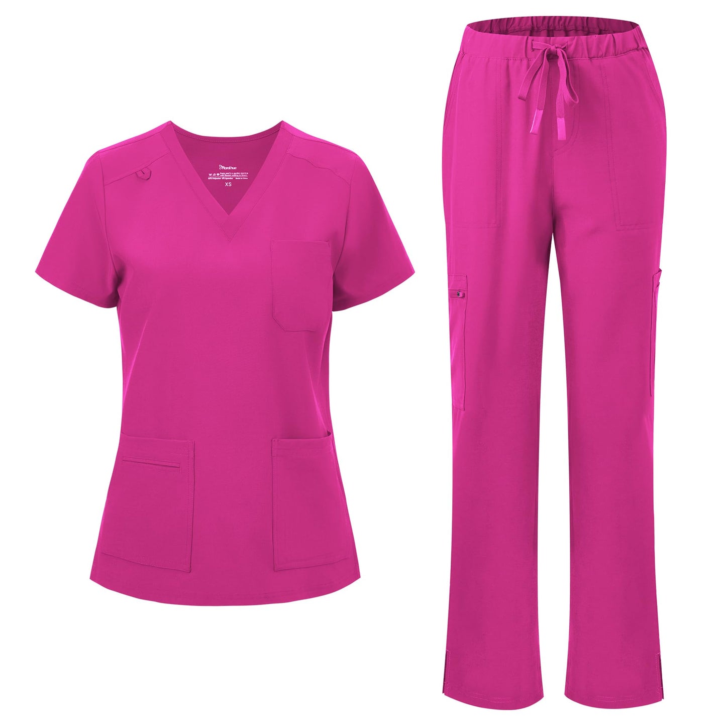 floralhue Scrubs for Women, V-Neck Straight Leg Pants with 12 Pockets | Slit Hem Cargo Pant Storage, Yoga Waistband, Water Resistance, For Nurses, Clinics, Long Shifts, Daily Medical Uniforms