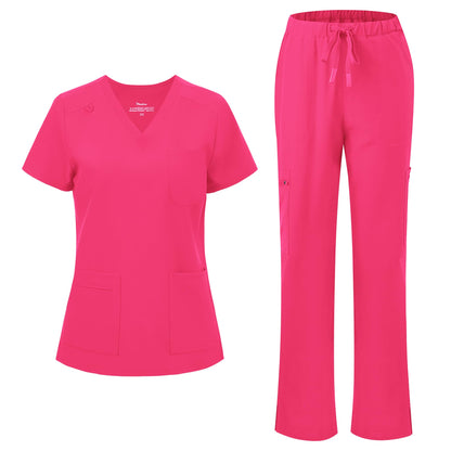 floralhue Scrubs for Women, V-Neck Straight Leg Pants with 12 Pockets | Slit Hem Cargo Pant Storage, Yoga Waistband, Water Resistance, For Nurses, Clinics, Long Shifts, Daily Medical Uniforms