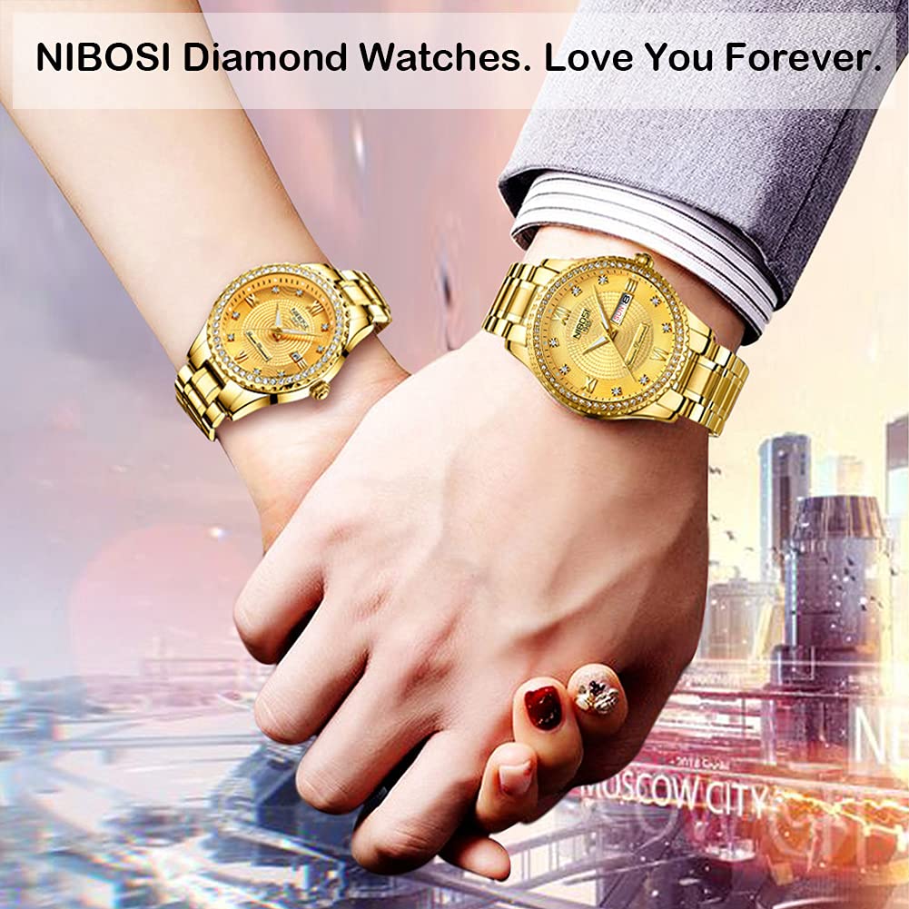 NIBOSI Watches for Couples Diamond Luxury Men and Women His and Hers Pair Watch Set Husband Wife Valentines Matching Wrist Watch Wedding Gifts Day Date Waterproof Quartz Analog