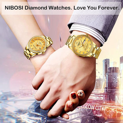 NIBOSI Watches for Couples Diamond Luxury Men and Women His and Hers Pair Watch Set Husband Wife Valentines Matching Wrist Watch Wedding Gifts Day Date Waterproof Quartz Analog