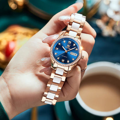 OLEVS Automatic Watches for Women Rose Gold Fashion Diamond Dress Ladies Wrist Watch Self Winding Mechanical Two Tone Ceramic Band Waterproof