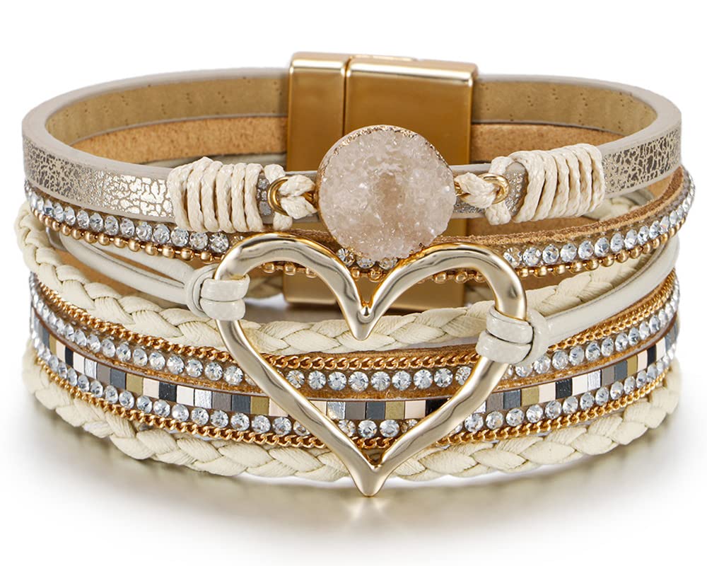 Fesciory Leopard Bracelet for Women, Boho Leather Wrap Multi-Layer Pearl Crystal Bracelet Bangle Jewelry
