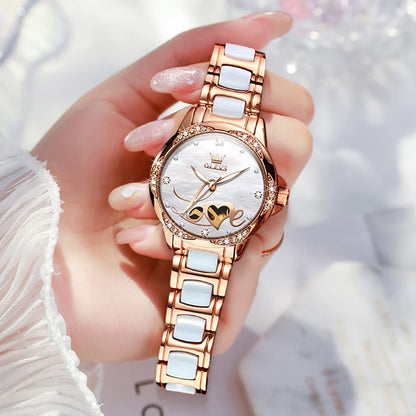 OLEVS Automatic Watches for Women Rose Gold Fashion Diamond Dress Ladies Wrist Watch Self Winding Mechanical Two Tone Ceramic Band Waterproof