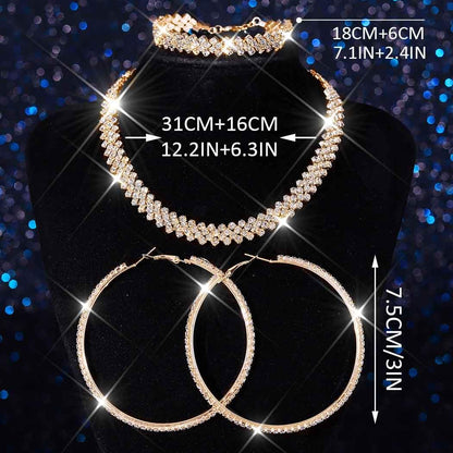 Unicra Black Jewelry Sets Rhinestone Necklace Hoop Earrings Bracelet Set Prom Formal Sparkly Costume Jewelry Sets for Women