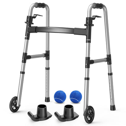 Loyoda Folding Walker with 2 Skis and 5" Wheels, Lightweight Walkers for Seniors and Adults, Supports Up to 350 Pounds, Adjustable Height, Compact Standard Walker, Black